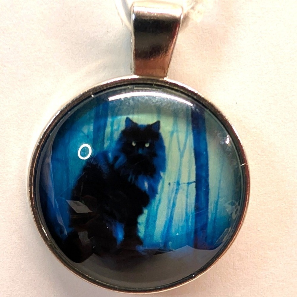 Vtg New Black Maine Coon Siberian Cat Feline Kitty Forest Pendant Glass Cabochon